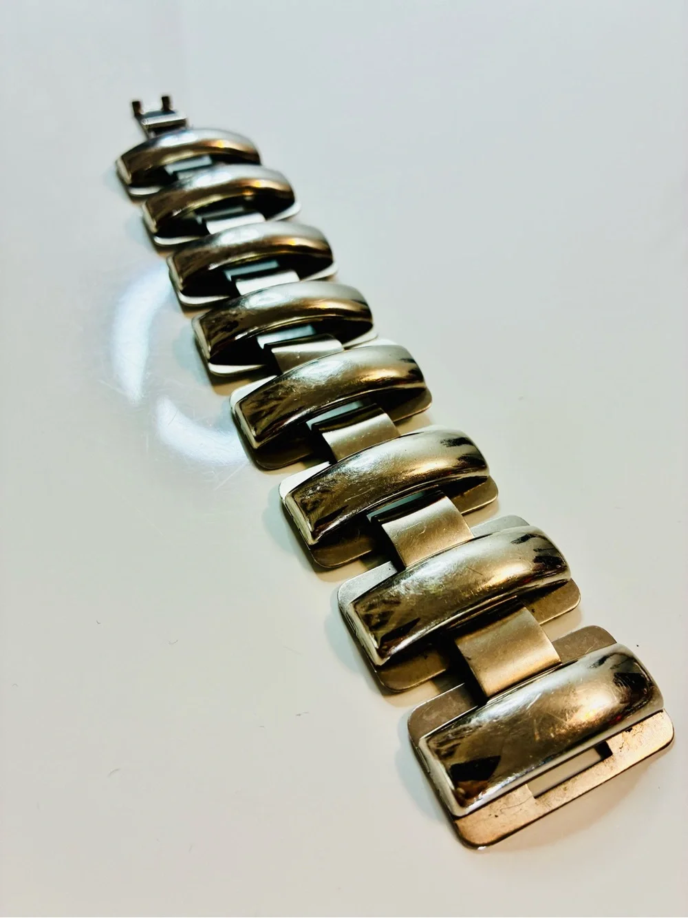Silver-Tone Wide H-Link Bracelet Domed Rectangular Panels MCM Retro